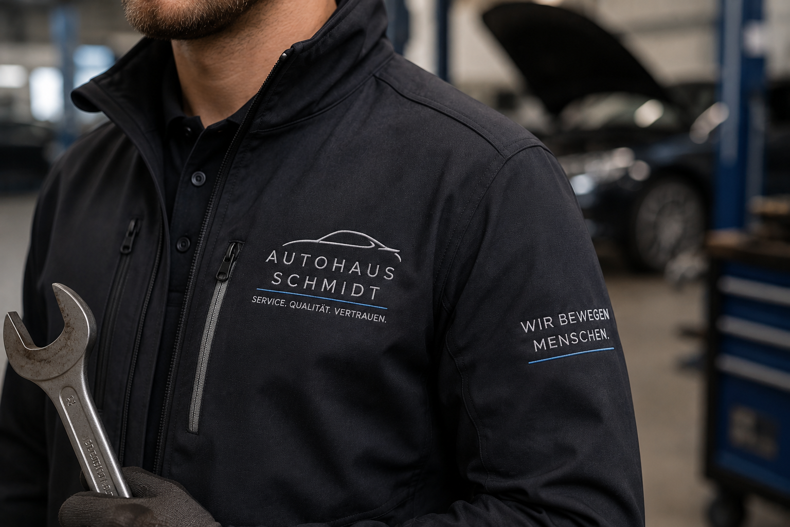 Bestickte Arbeitskleidung Autohaus als Softshelljacke mit Brustlogo und Ärmelveredelung