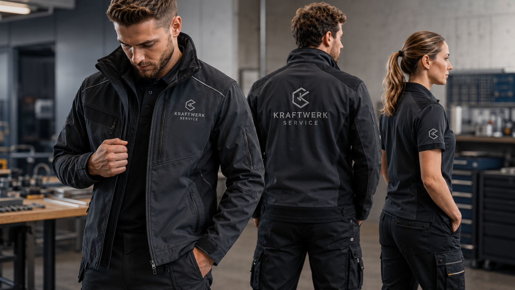 Arbeitskleidung mit Firmenlogo auf Softshelljacke, Polo und Rückenfläche im Team