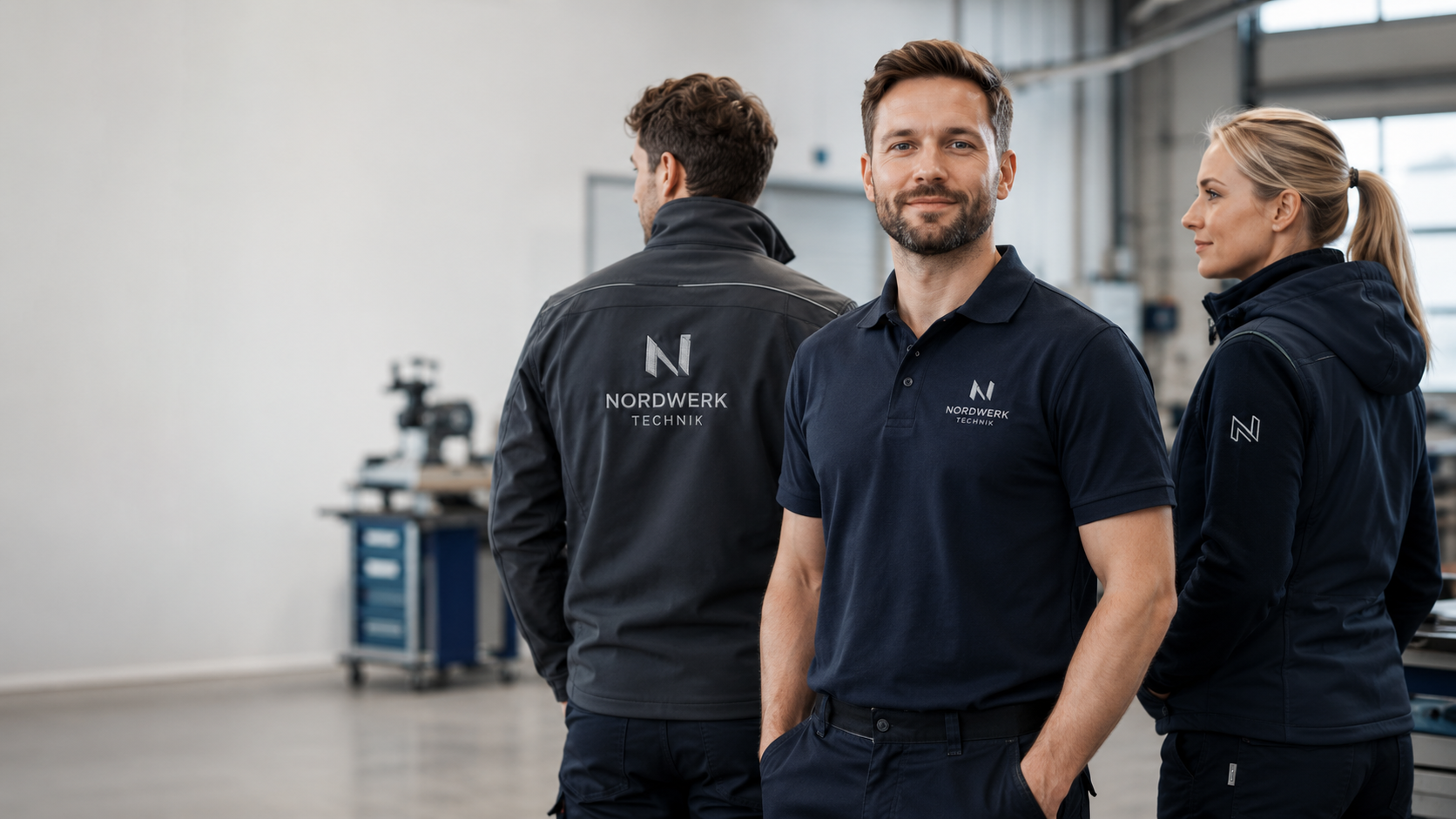 Arbeitskleidung mit Firmenlogo als Polo, Jacke und Hoodie im Team