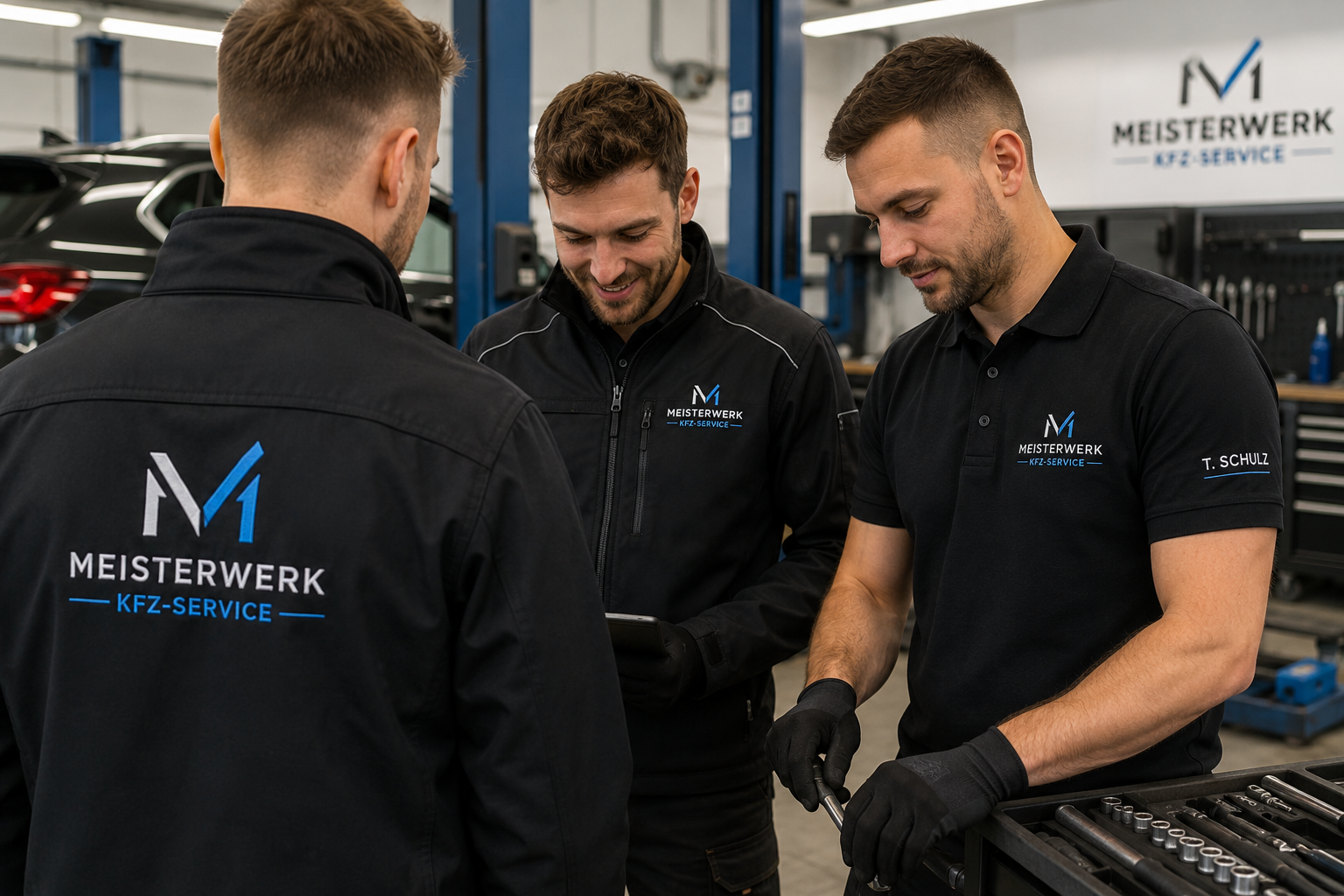 Bestickte Arbeitskleidung KFZ als Teamkleidung im Werkstattalltag