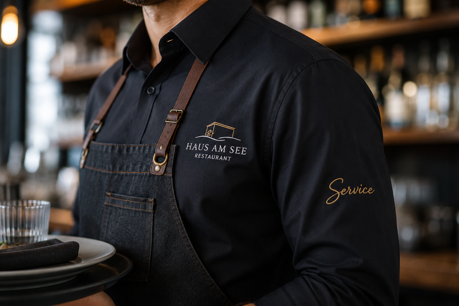 Gastrobekleidung mit Logo als Servicehemd mit Schürze im Restaurant