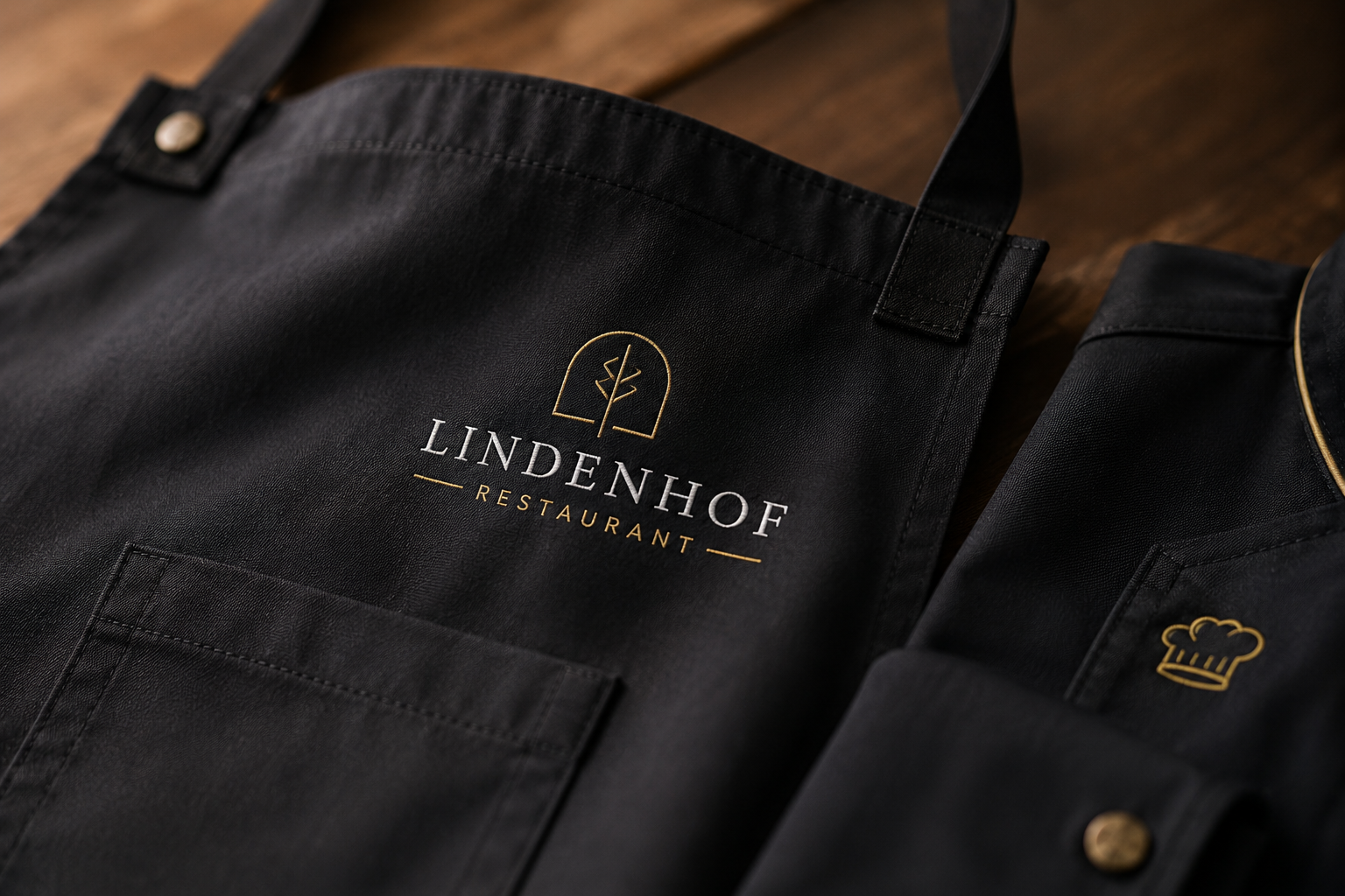 Bestickte Gastronomiebekleidung mit Logo auf Schürze und Kochjacke