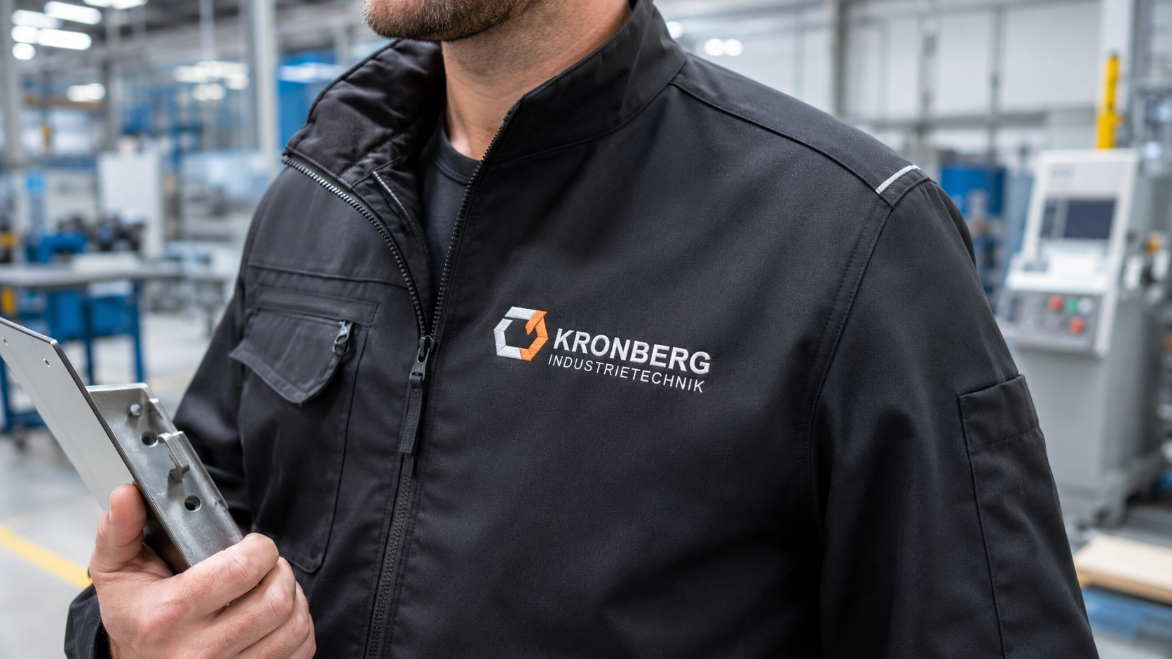 Stickerei Firmenkleidung mit Brustlogo auf Industriejacke im Detail